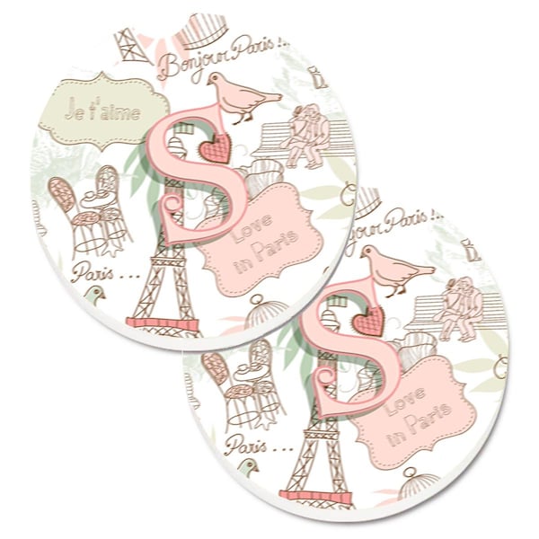 Carolines Treasures Letter S Love in Paris Pink Cup Holder Car Coaster, PK2 CJ2002-SCARC - main